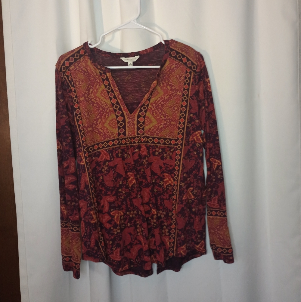 Lucky Brand Womens Bohemian Floral Split Neck Top Medium Tapestry Festival
